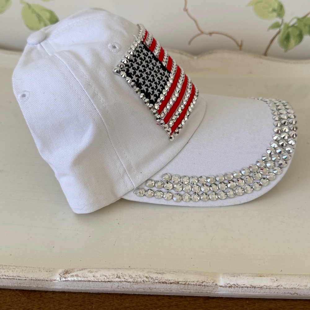 American Flag Studded Bling White Adjustable Baseball Hat - One Size - Picture 4 of 10